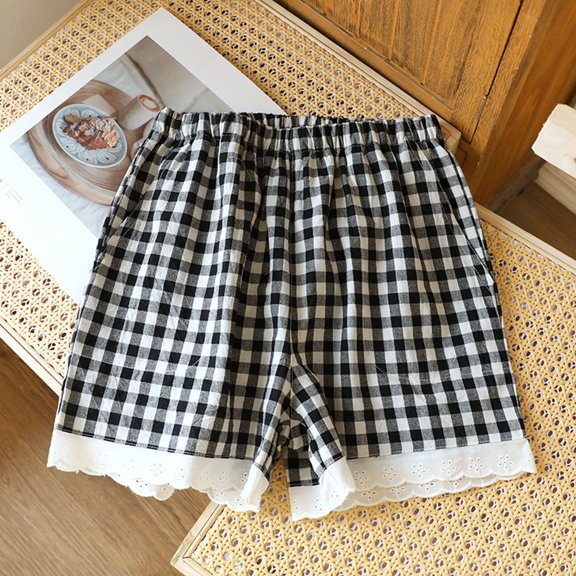 HOWPAY Pajama Shorts Women Casual Elastic High Waisted Pj Sleepwear Plaid Print Baggy Comfy Stretchy Loose Fit Lightweight Lounge Shorts Black L