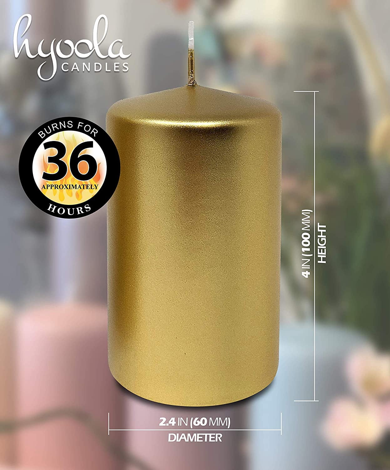 Hyoola 2.4 x 4 inch Metallic Gold Unscented European Made Pillar Candles, Paraffin Wax with Cotton Wicks, 6-Pack