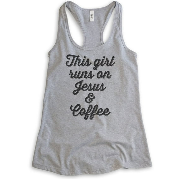This Girl Runs On Jesus & Coffee Tank Top, Ladies Racerback Tank Top, Cute Coffee Tank, Jesus Tank, Heather Gray, Large