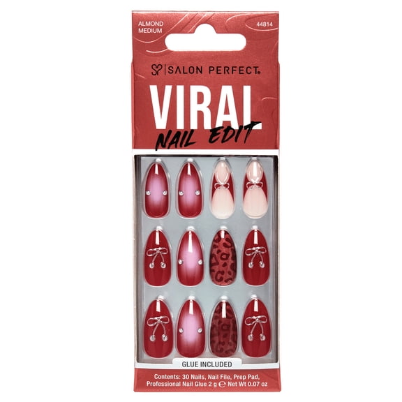 Salon Perfect Artificial Fake Press On Nails, 507 Viral Nail Edit, Burgundy Cherry, Medium Almond, File, Glue, and Prep Pad Included, 30 Nails