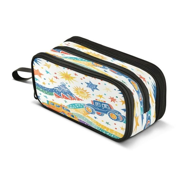 ALAZA Cartoon Monster Trucks Pencil Case Bag 3 Compartment Pen Pouch Large Storage Holder Box Organizer