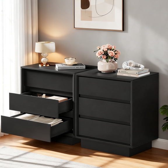 TEENFON Nightstands (Set Of 2) with 3 Drawers, Modern Bedside Table with Wide Tabletop, End Table for Bedroom, Black