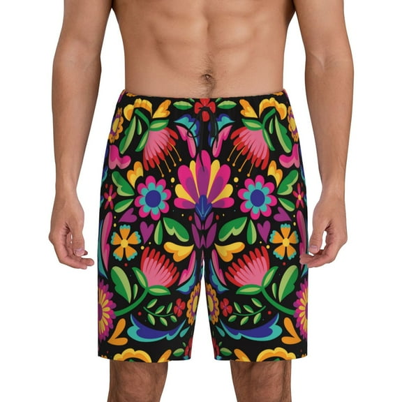 Naloa Colorful Floral Embroidery Mexican Men's Short Pajama Pants, Lounge Comfort Shorts with Elasticized Waistband and Side Pockets - Small