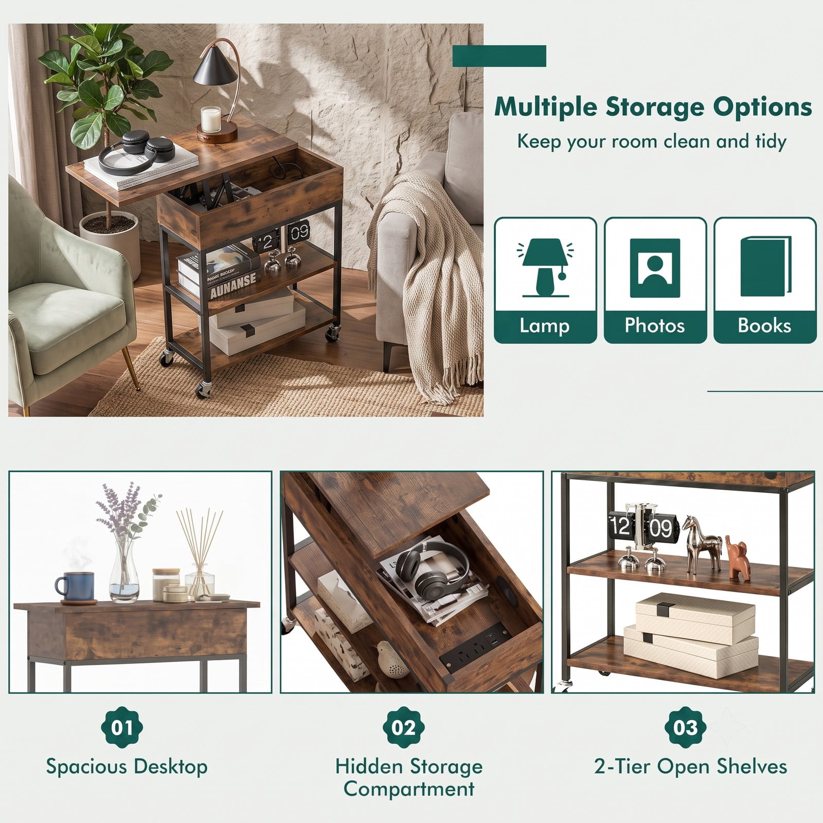 Furnibear Lift Top End Table with Charging Station and Universal Wheels, Rolling Side Table with Hidden Storage Compartment, USB & Type-C Ports, AC, Rustic Brown
