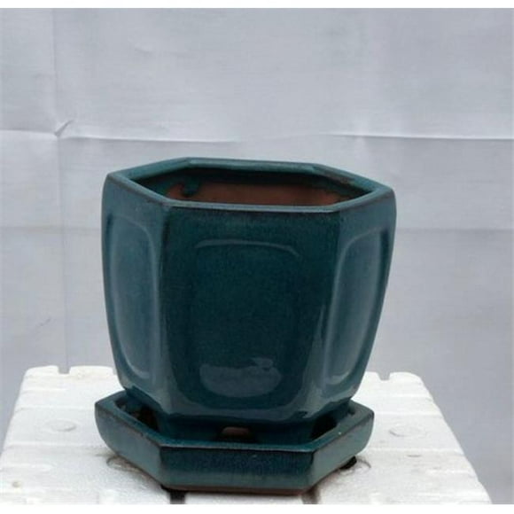 5.5 x 5.5 x 5.5 in. Blue & Green Ceramic Bonsai Pot with Humidity Drip Tray, Hexagon