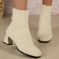 thumbnail image 4 of Plush Ankle Boots for Women Comfortable Knit Sock Fall Booties Fashion Square Toe Chunky Mid Heel Slip On Mid Calf Elastic Dress Booties Beige Size 10, 4 of 8