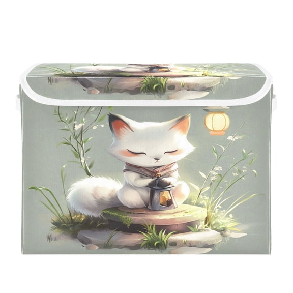 Storage Box With Lid 16.5x12.6x11.8In Foldable Stacked Household Storage Box White Cartoon Fox