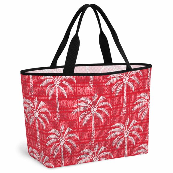 Red Palm Tree Beach Bag for Women, Large Breathable Mesh Beach Tote Bag, Summer Botanical Tropical Tree Sandproof Lightweight Travel Bags for Vacation Picnic Swimming Pool 15.7"x15.7"x9.1"
