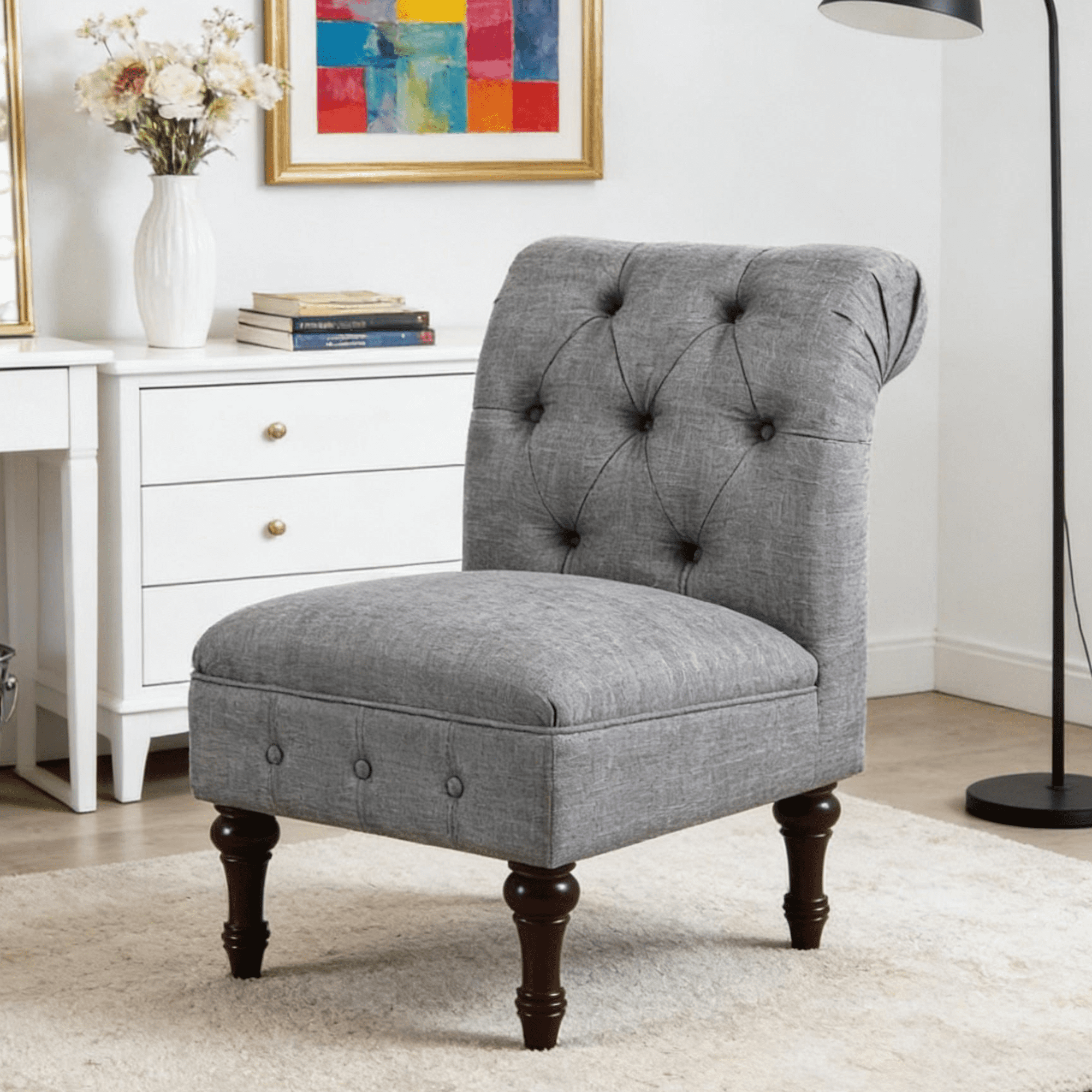 Gewnee Armless Royal Chair,Linen Gray Button-Tufted Accent Chair With Rubberwood Legs