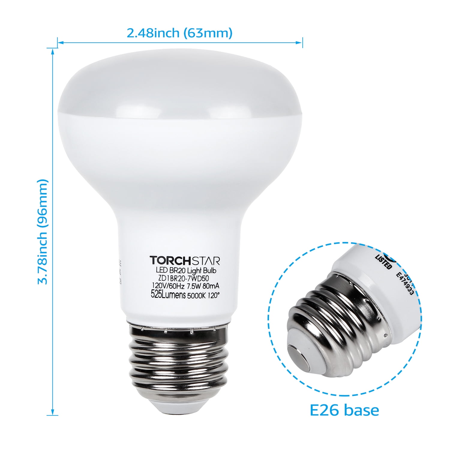 3000K Warm White UL & Energy Star Listed 50W Eqv. 7.5W 525lm E26 LED Bulb Replacement for Halogen Bulb TORCHSTAR 8-Pack LED Lights BR20 R20 Dimmable LED Light Bulbs Flood Light Bulb Indoor 