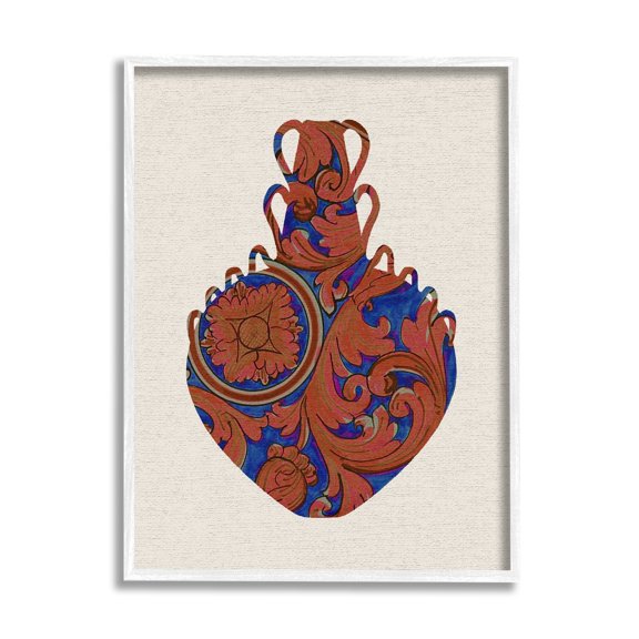 Stupell Industries Regal Blue Red Patterned Urn Modern Pottery Paintings White Framed Art Print Wall Art, 24x30, by Daphne Polselli