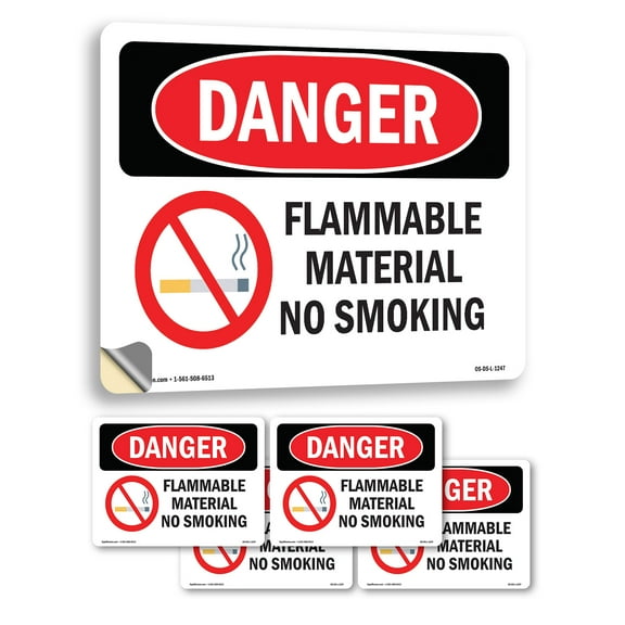 Flammable Material No Smoking OSHA Danger Vinyl Decal Label 5 Inch x 3.5 Inch - 5 Pack