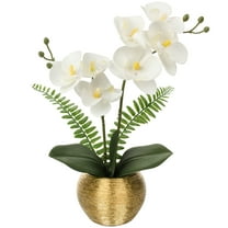 13'' Orchids Artificial Flowers Small Potted Silk Phalaenopsis Fake Orchid White Flowers in Gold Ceramic Vase