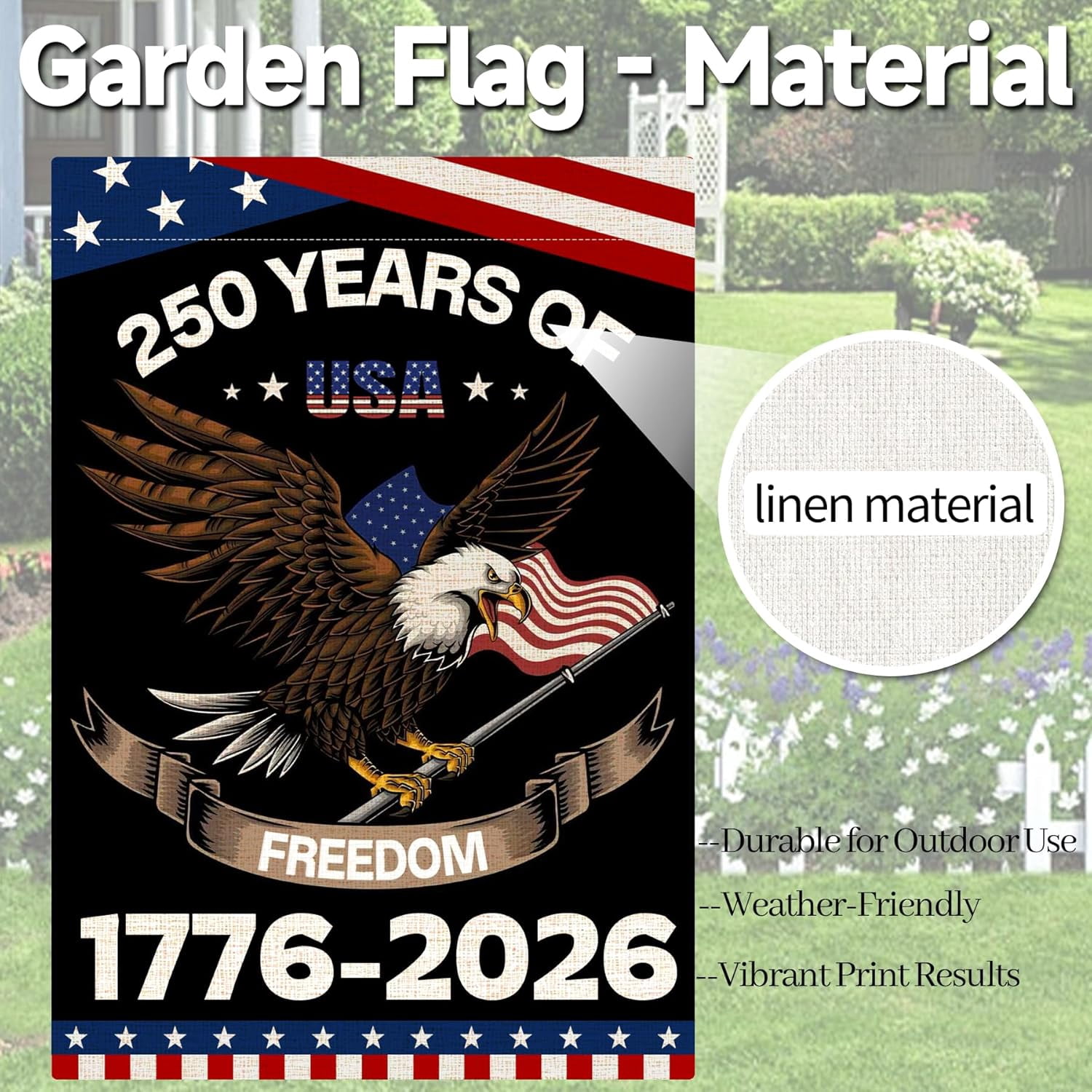 America 250 Years Garden Flag, 250th Anniversary USA Patriotic Double-Sided Banner, Double-Sided Burlap, 1776-2026 Semiquincentennial Commemorative, Suitable for Outdoor Lawn Decor