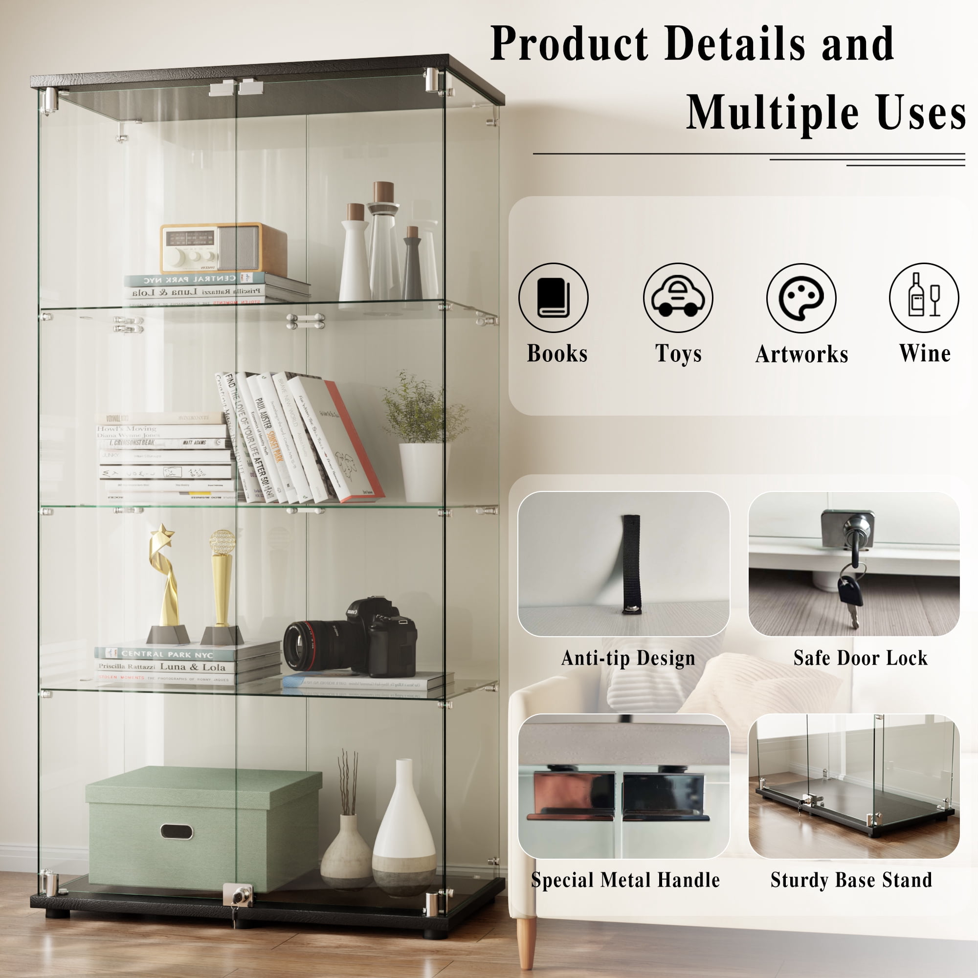 BEAUTYPEAK 64" Display Cabinet with Glass Doors, 4-Tier Double-Door Curio and Collection Showcase, Black