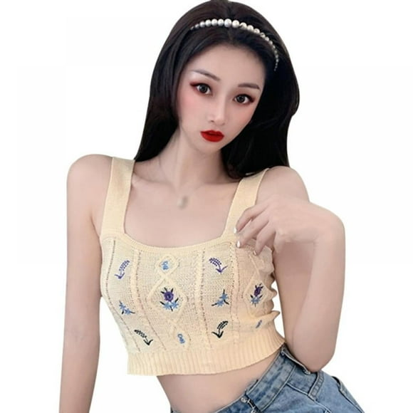 Women Knitted Camis Floral Embroidery Pattern Tank Top Wild Slim Sling Vest
