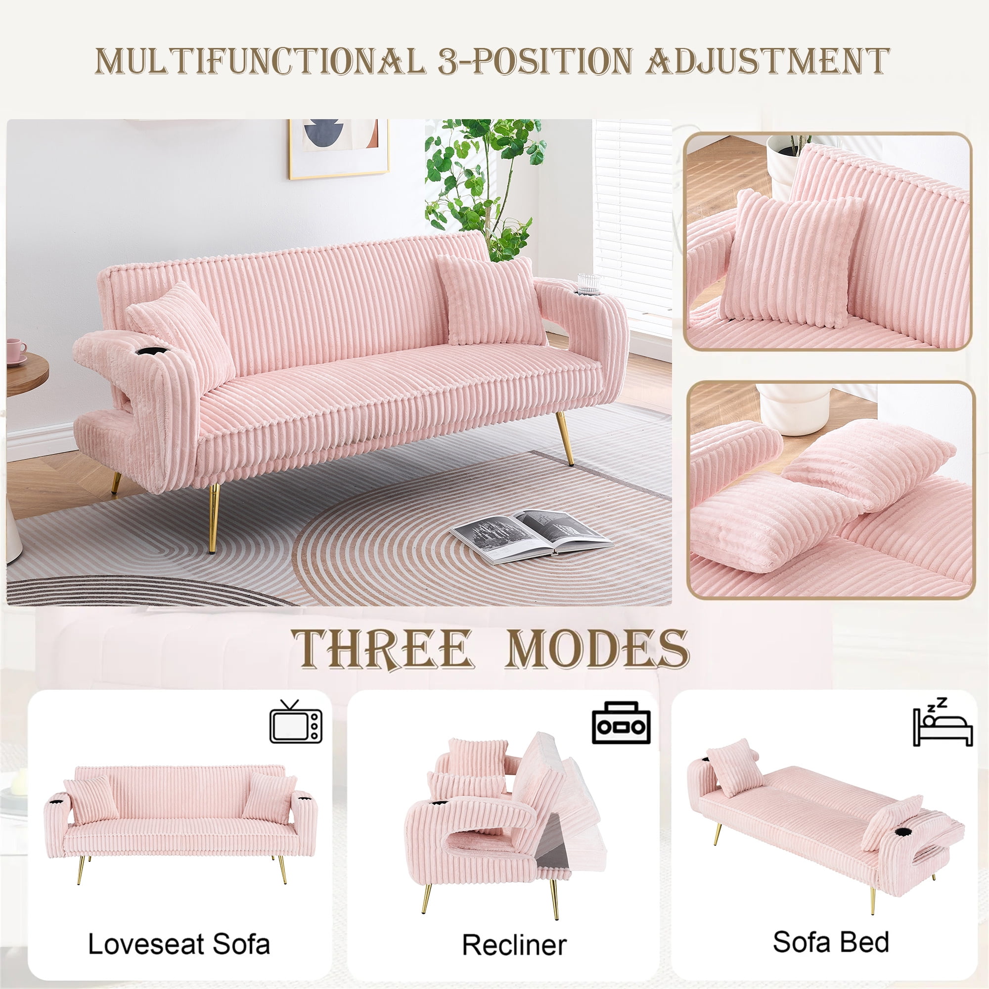 Aukfa Corduroy Futon Convertible Sofa Bed, Pink