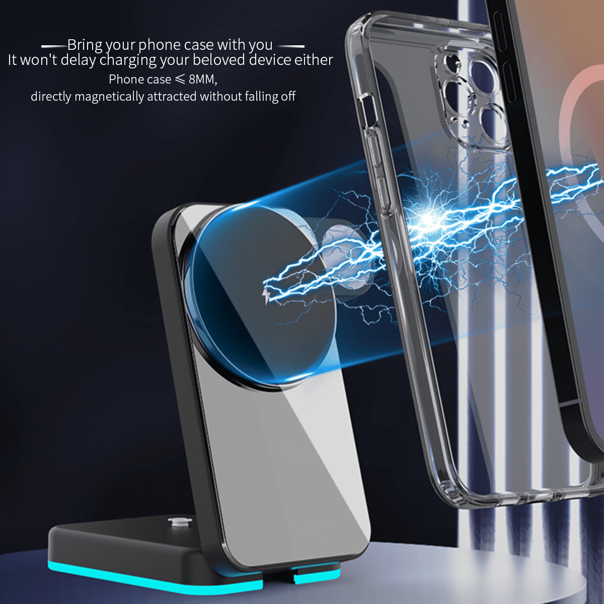 3-in-1 Magnetic Wireless Charging Station for Phone/Earbuds/Watch, 15W Fast Charger, Foldable Stand with RGB Light, Compatible with iPhone 12–17 Series, Includes 1m USB‑C Cable (No Adapter)