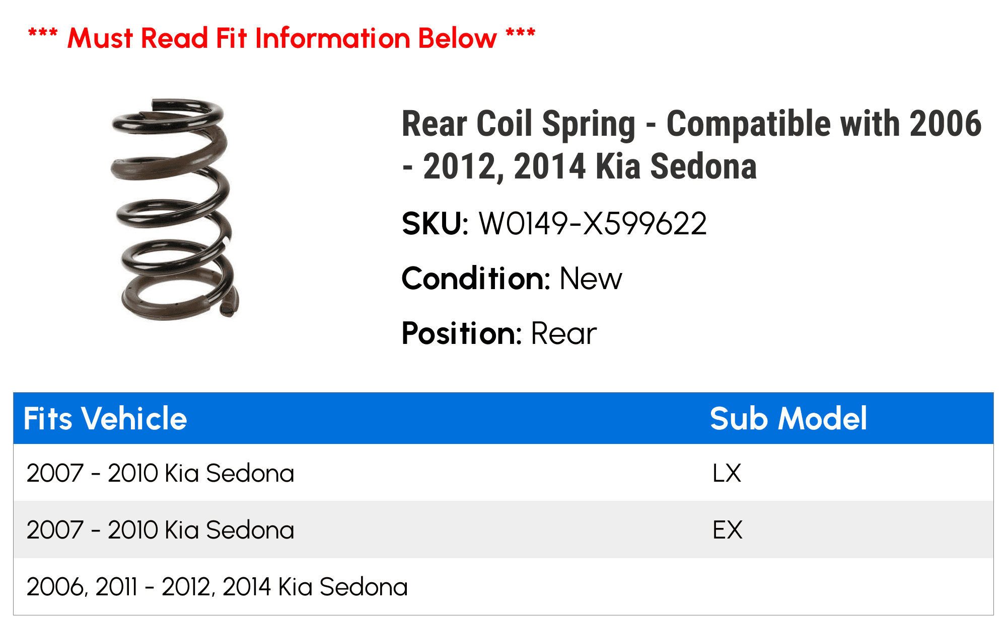 Rear Coil Spring 2014 Kia Sedona Compatible with 2006-2012 