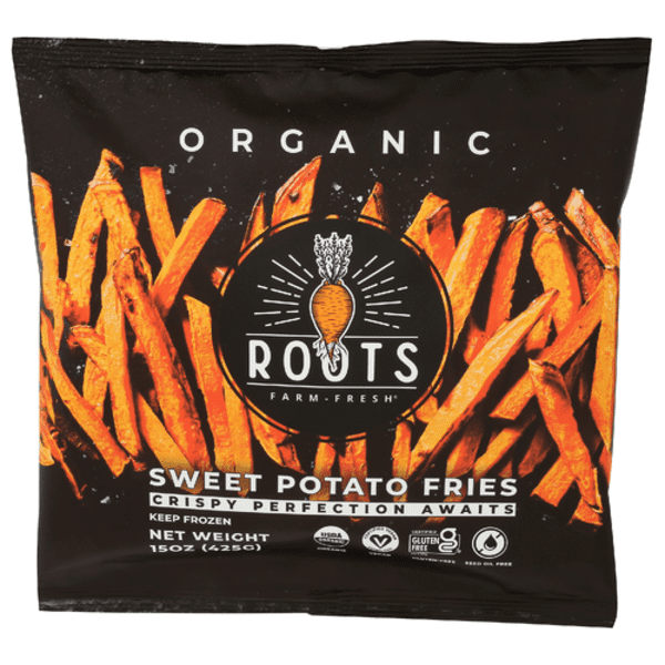 1x Roots Farm Fresh Organic Sweet Potato Fries Made With Avocado Oil with pen