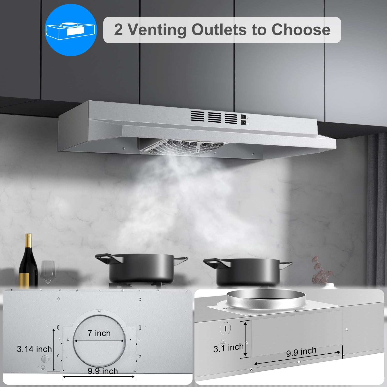 Joeaonz 24-Inch Ductless Under Cabinet Range Hood with LED Light, Stainless Steel, Rear Exhaust, 2-Speed, Dishwasher-Safe Filter