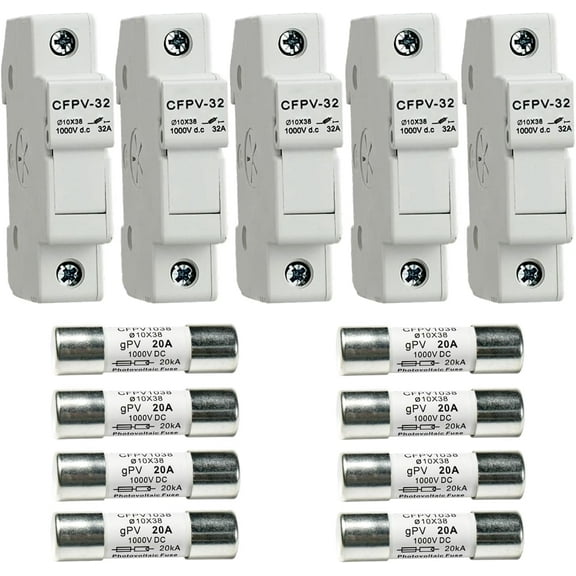 HQRP Combo: 5-Pack Solar PV CFPV-32 DIN Rail Fuse Holder, 1-32Amp, 1000VDC and 8-Pack Photovoltaic Fast Acting Fuse Links CFPV-1038, gPV Type, 20 Amp 1000V DC, 10x38mm, 20kA IR, Solar PV Ceramic Fuses