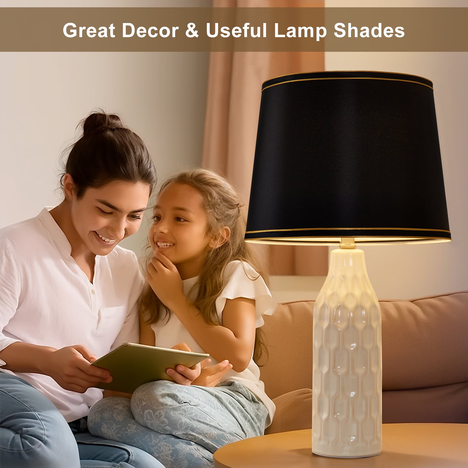 NATYSWAN Black Drum Lamp Shades Set of 2,Modern Linen Lampshade for Table Lamp Floor Lamp,13*10in