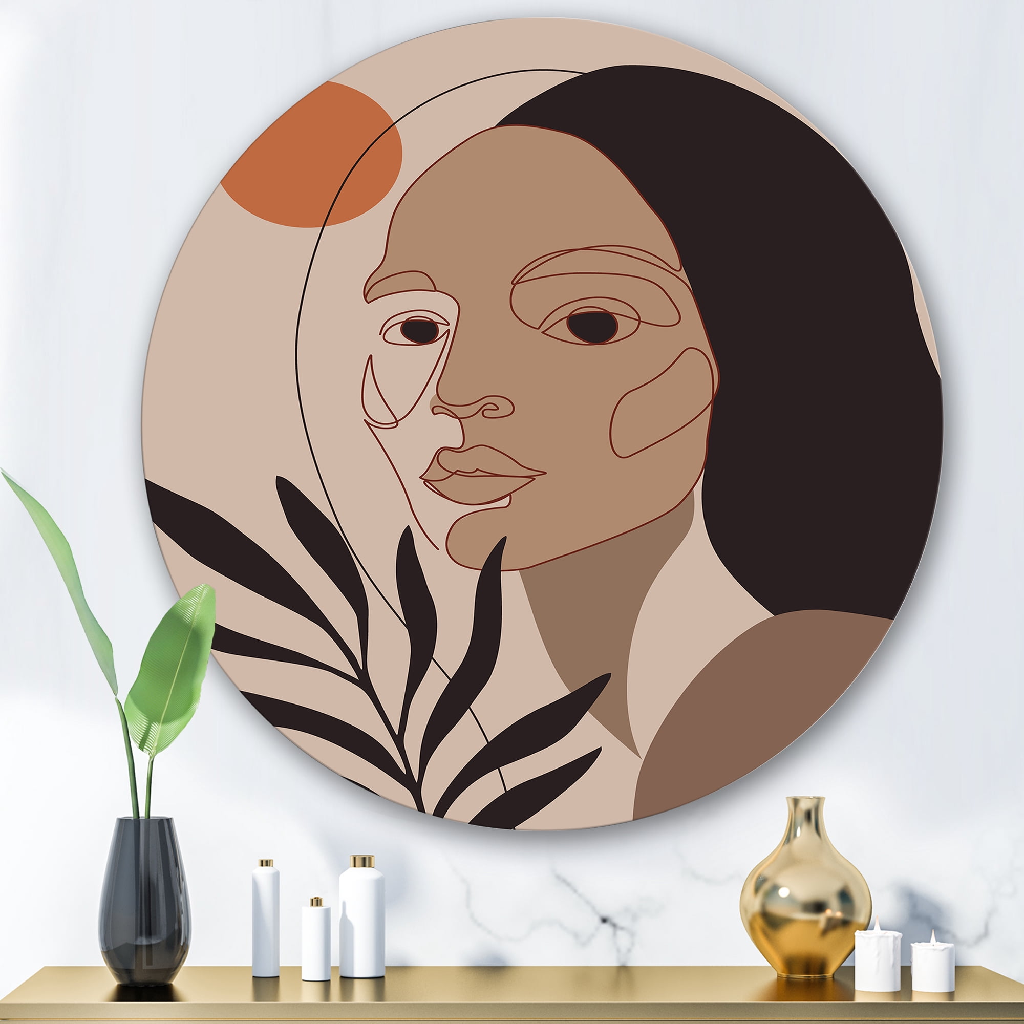 Designart 'Retro Minimal Portrait of Young Girl' Modern Circle Metal Wall Art 29x29 - Disc of 29