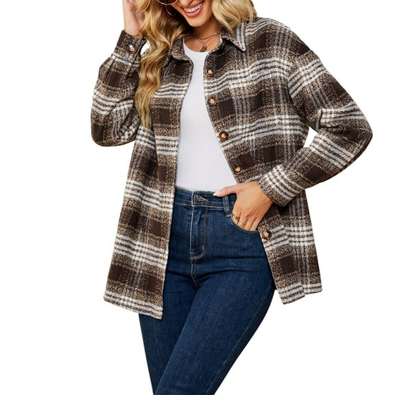 Women'S Autumn Casual Fashion Long Sleeve Pocket Loose Plaid Woolen Coat Tops Brown M