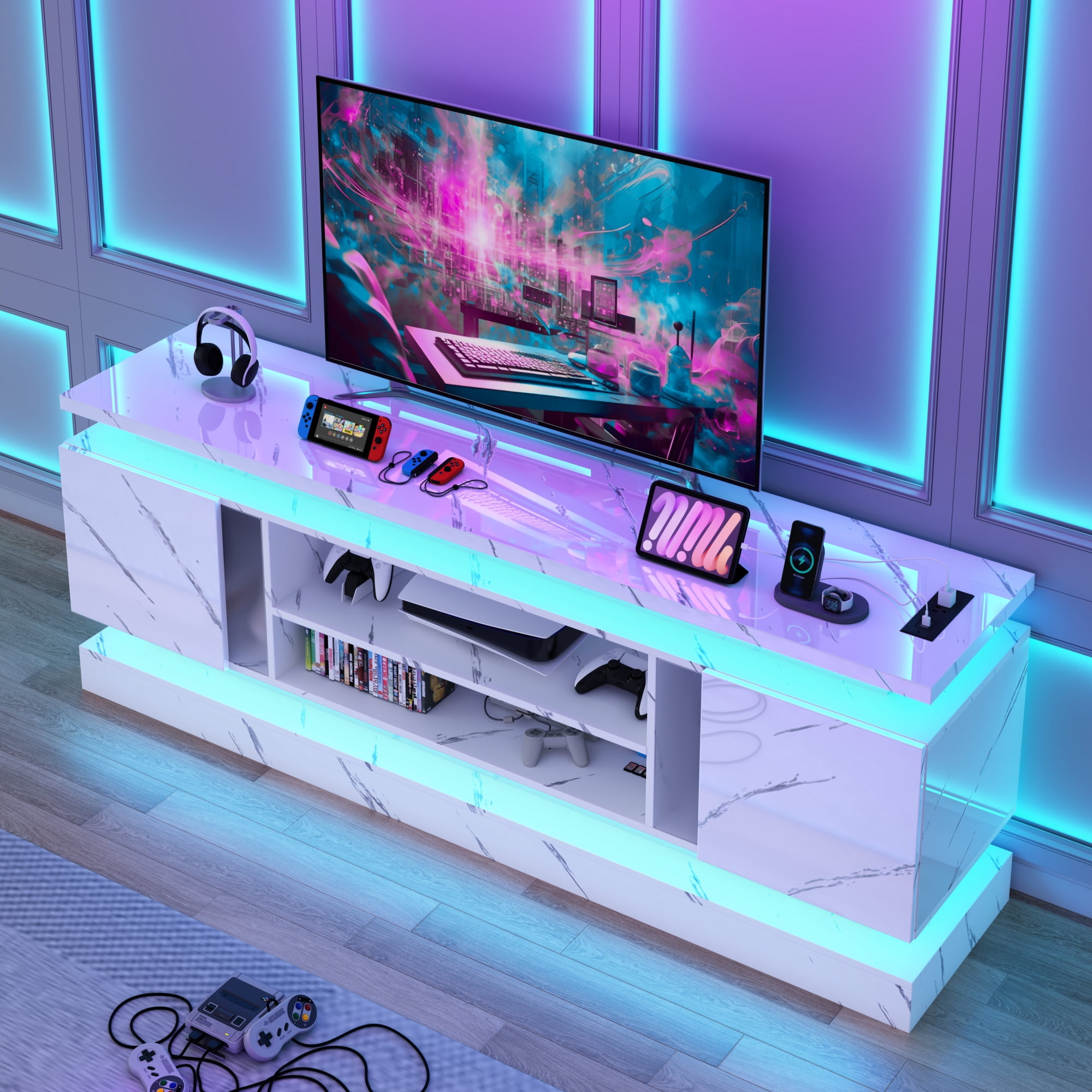 Blotout 71" TV Stand with LED Lights & Power Outlet for 85/80/75 Inch TV, Modern Gaming Entertainment Center with High Gloss Cabinet, Media TV Console for Living Room (Marble)