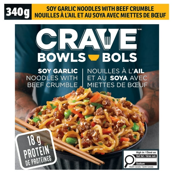 Nouilles Avec Sauce Soja Et Ail Avec Bol De Nouilles Au Bœuf Émietté, Boîte CRAVE NOUILLES SOJA ET AIL AVEC BOEUF