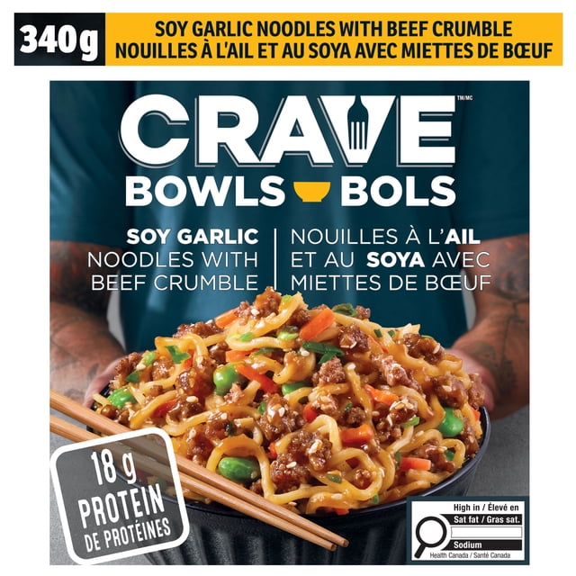 CRAVE Soy Garlic Noodles with Beef Crumble Noodle Bowl, 340 g Box, CRAVE SOY GARLIC NOODLES W/BEEF