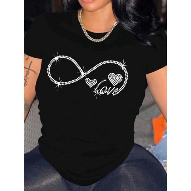 Women'S Infinity & Heart Design T-Shirt, Casual Crew Neck Short Sleeve Top, Summer & Spring Knit Regular Fit, Alphabet Pattern Print - Black