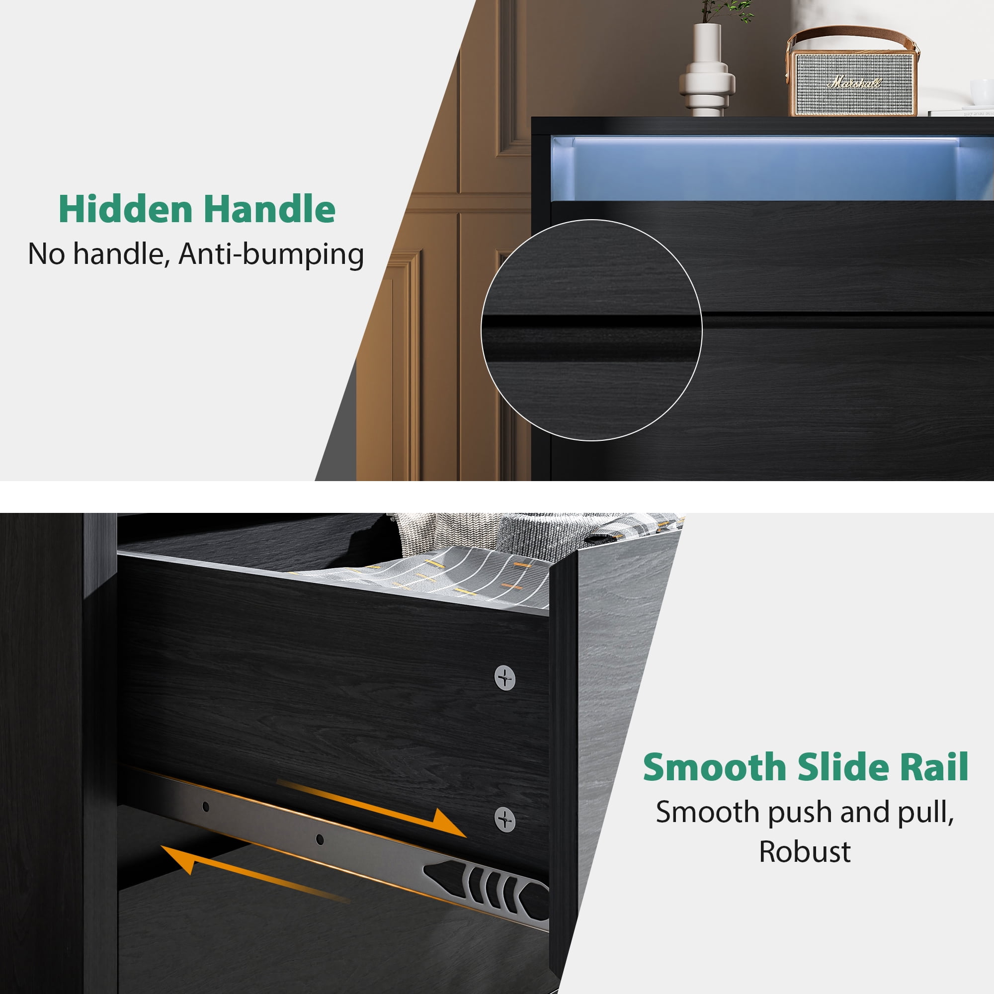 Anyact LED 6 Drawer Double Dresser for Bedroom, Modern Wood Chest of Drawers for Living Room