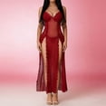 thumbnail image 2 of Yangnuo Women's Sexy Deep V Sheer Mesh High-Slit Ruffle Hem Lingerie Gown Women's Suspender V-neck Pajamas, 2 of 5