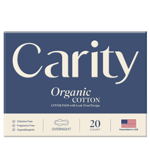 Carity Organic Cotton Pads - Ultra Thin Pad with Wings,  Extra Heavy Absorbency, Unscented (Overnight, 20 Count)