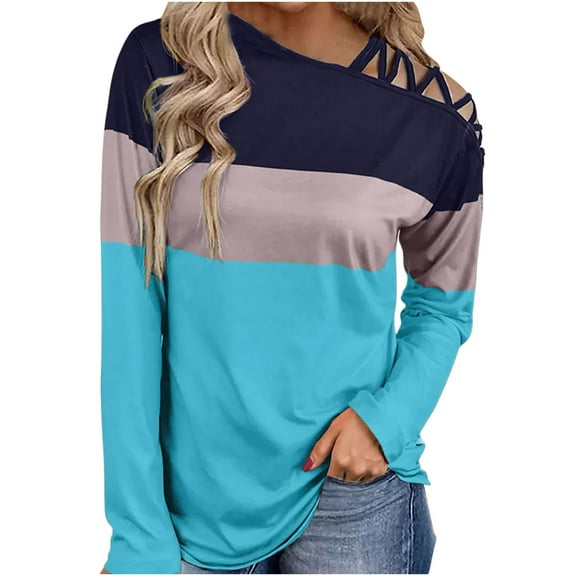 FRSASU Women'S Plus Size Top,Long Sleeves Shoulder off-the-Shoulder Cross Strap Plaid Color Block Tops Blouse Tunic Tops