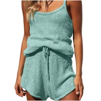 LYXSSBYX Two Piece Sets for Women Summer Women's Casual Solid Color Gallus Sleeveless Shorts Set Sleeveless Crew Neck Top/shirt Set