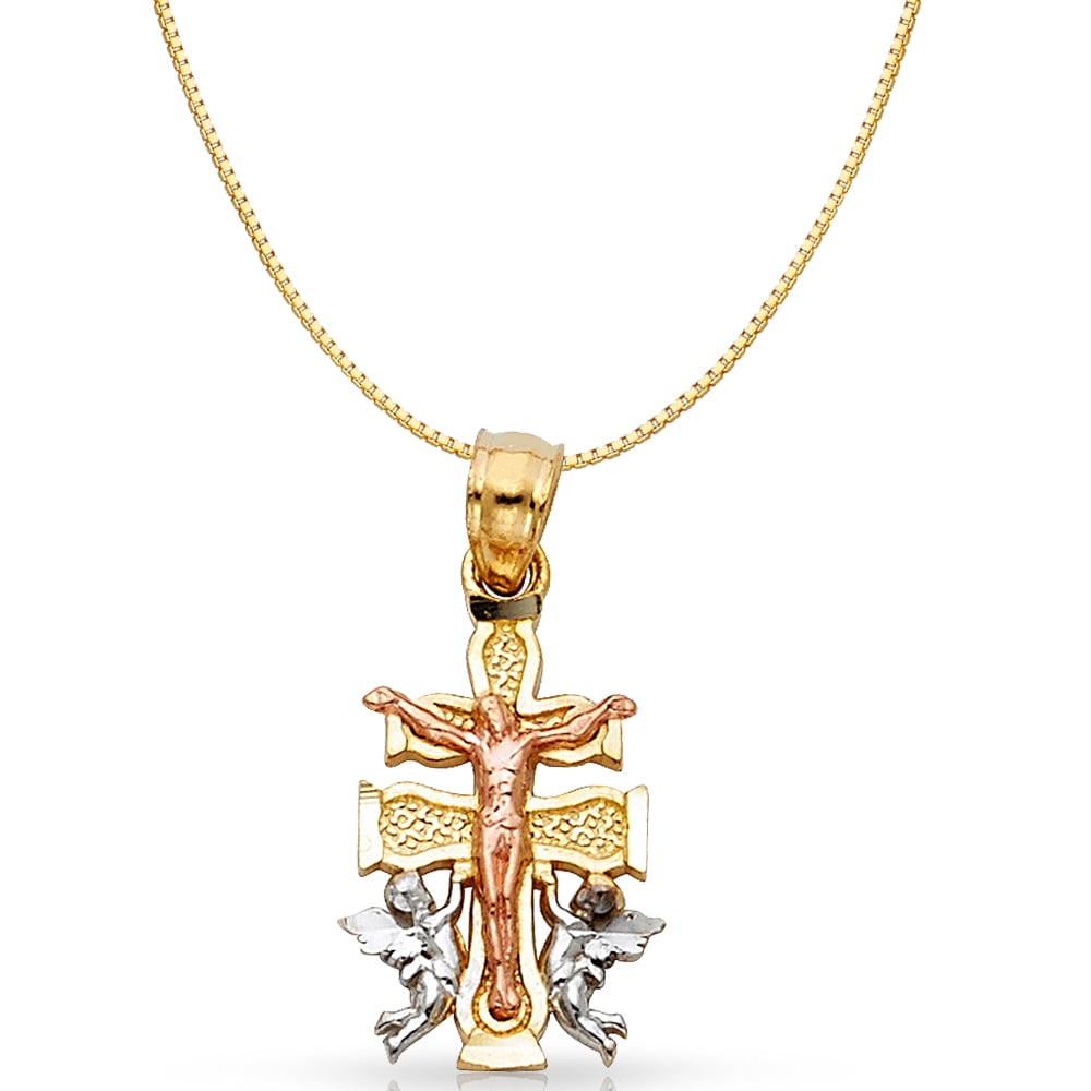 14K Yellow Gold Jesus Crucifix Cross of Caravaca Religious Charm Pendant with 1.2mm Box Chain Necklace 