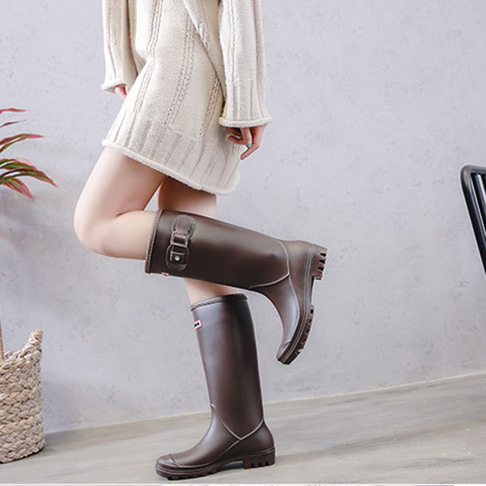 Mepaouo Women's Knee High Rain Boots Waterproof Rubber Garden Boots Work Tall Fishing Boots(Brown,7.5)