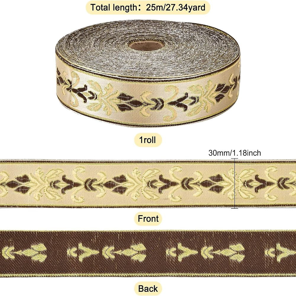27 Yard 1.18 Inch Vintage Jacquard Ribbon Khaki Jacquard Trim Emobridered Woven Trim Gold & Brown Floral Webbing Ribbon