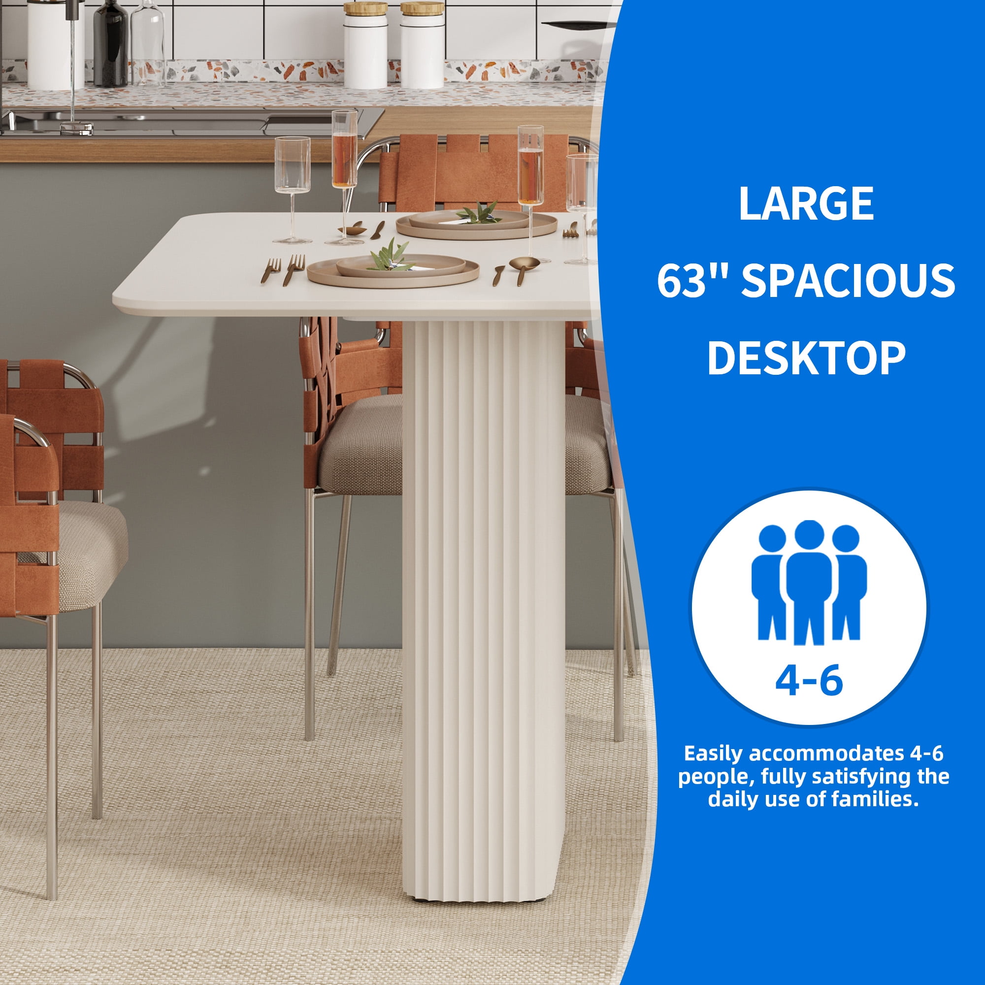 Uforic 63 " Modern Dining Table with Curved Wave Legs, Cream White Rectangular Kitchen Table for 4-6 Person, Dining Room Table for Gathering, Kitchen, Dining Living Room