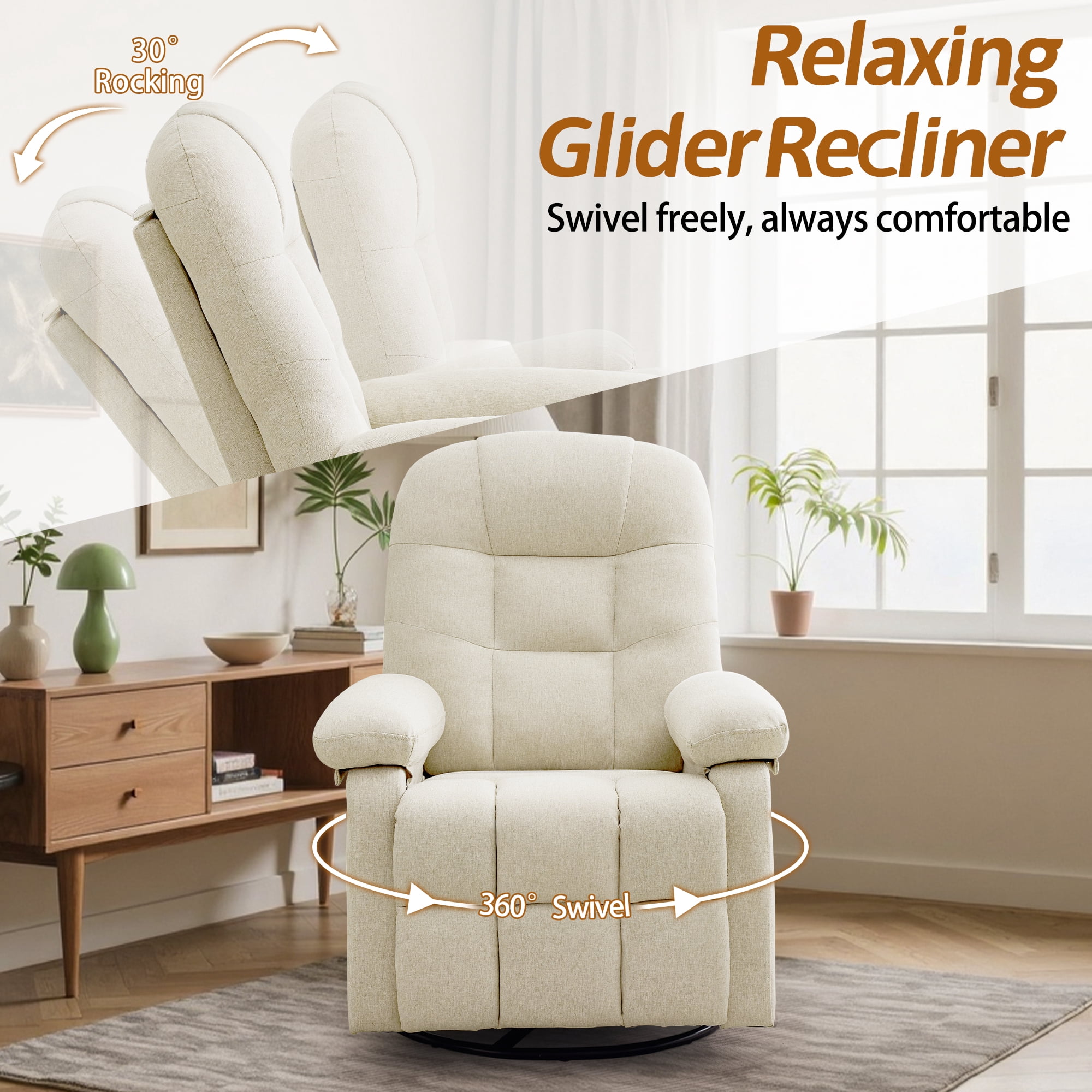 Korser Manual Swivel Rocker Recliner Chair for Living Room,Small Recliner Sofa for Small Spaces,Linen Fabric,Beige