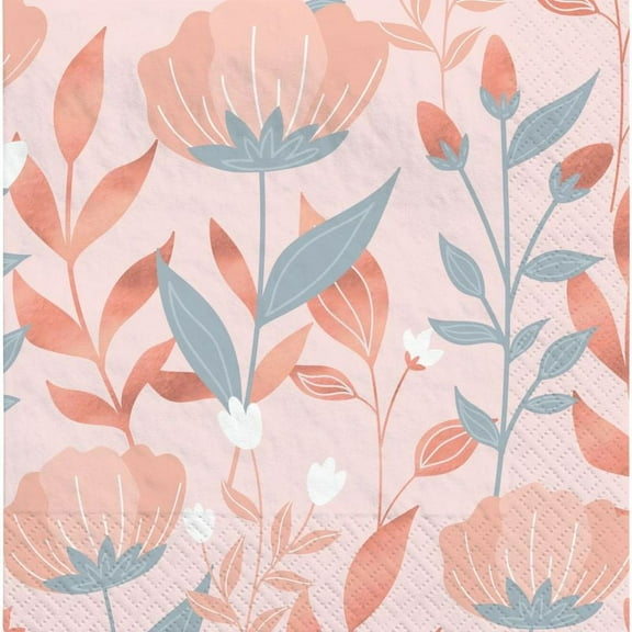 Rose Gold Floral Paper Beverage Napkins 40 Per Pack
