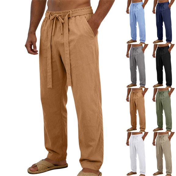 Migroa Men's Linen Pants Lightweight Drawstring Elastic Waist Pockets Loose Fit Straight Legs Summer Beach Vacation Yoga Trousers Black L