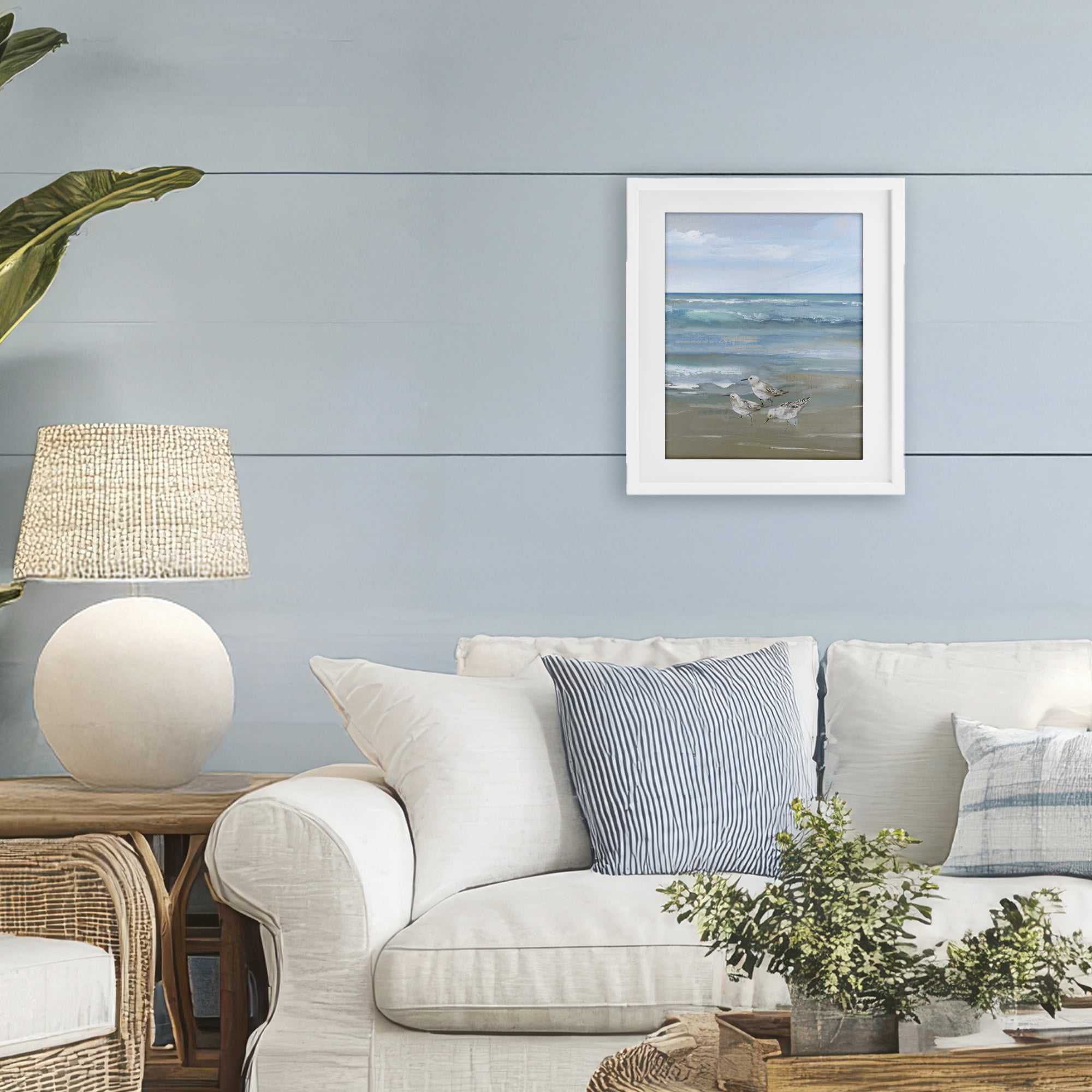 Stupell Industries Sanderlings on Gentle Waves White Framed Print Under Glass, design by Nan