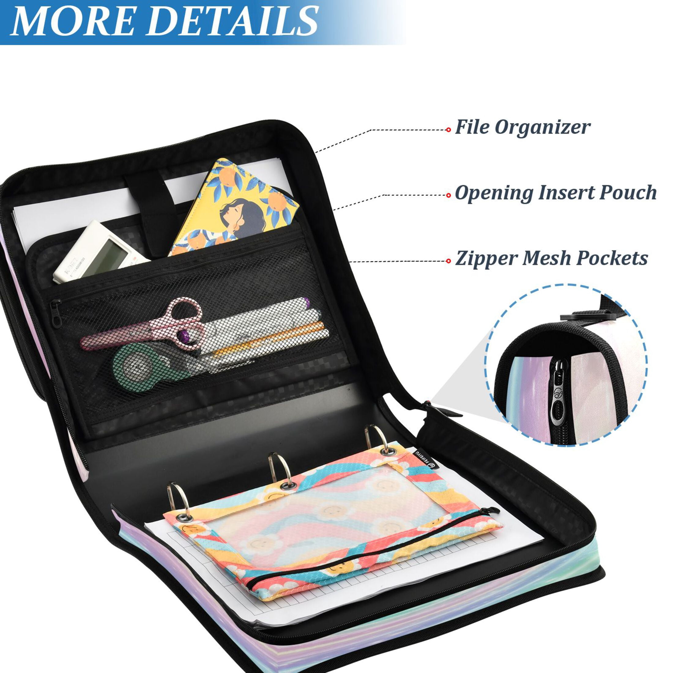 Water-Resistant 3-Ring Binder Organizer with Multiple Pockets Zipper Binder Bag for Office Cute Pastel Rainbow Swirl