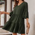 thumbnail image 2 of Vestido con volantes Cuello en V Color puro Costuras de moda Elegante Ajuste casual Vestido corto con volantes para citas Verde oscuro L, 2 of 8