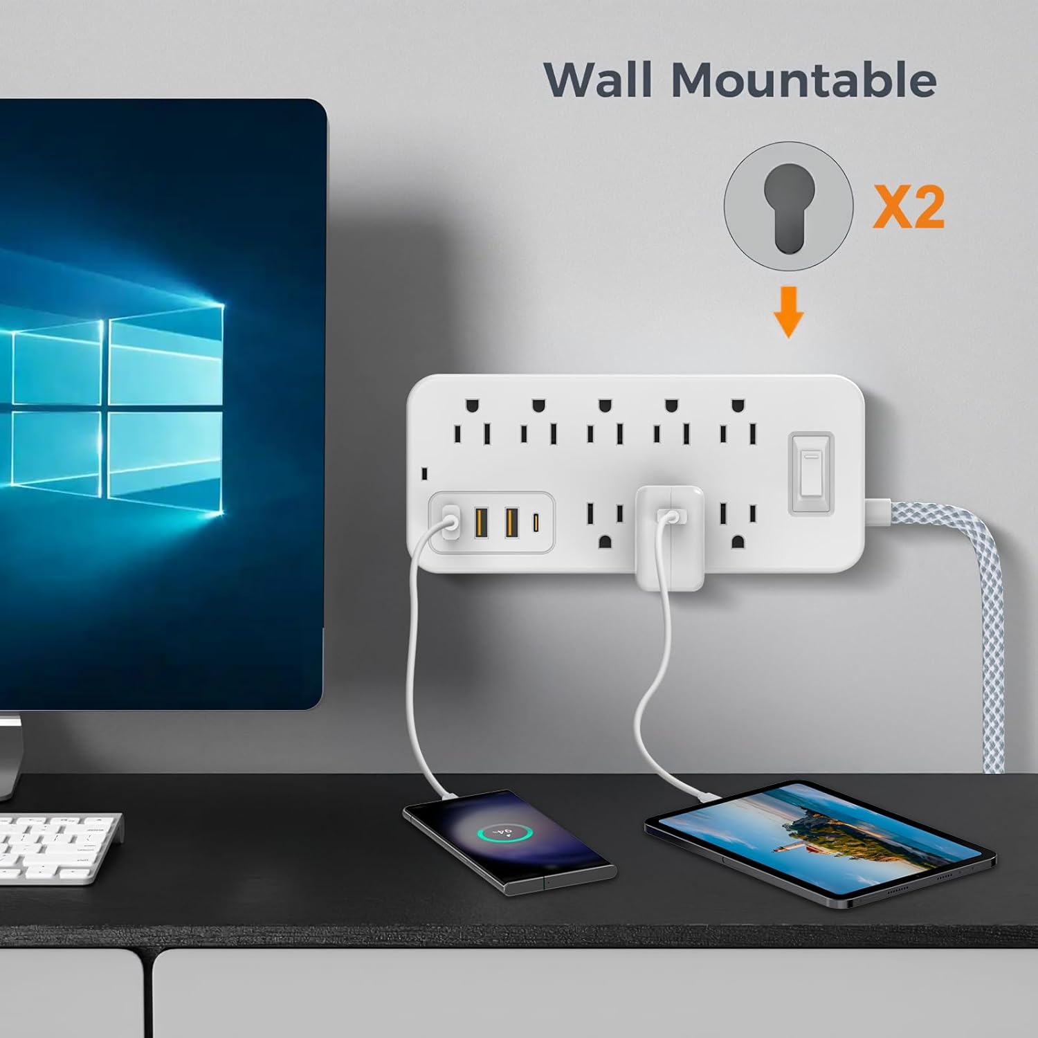 Power Strip With 8 Outlets, 3 USB-A & 1 USB-C Port – Flat Plug, Surge Protection, 5Ft Cord, Wall Mountable For Home & Office