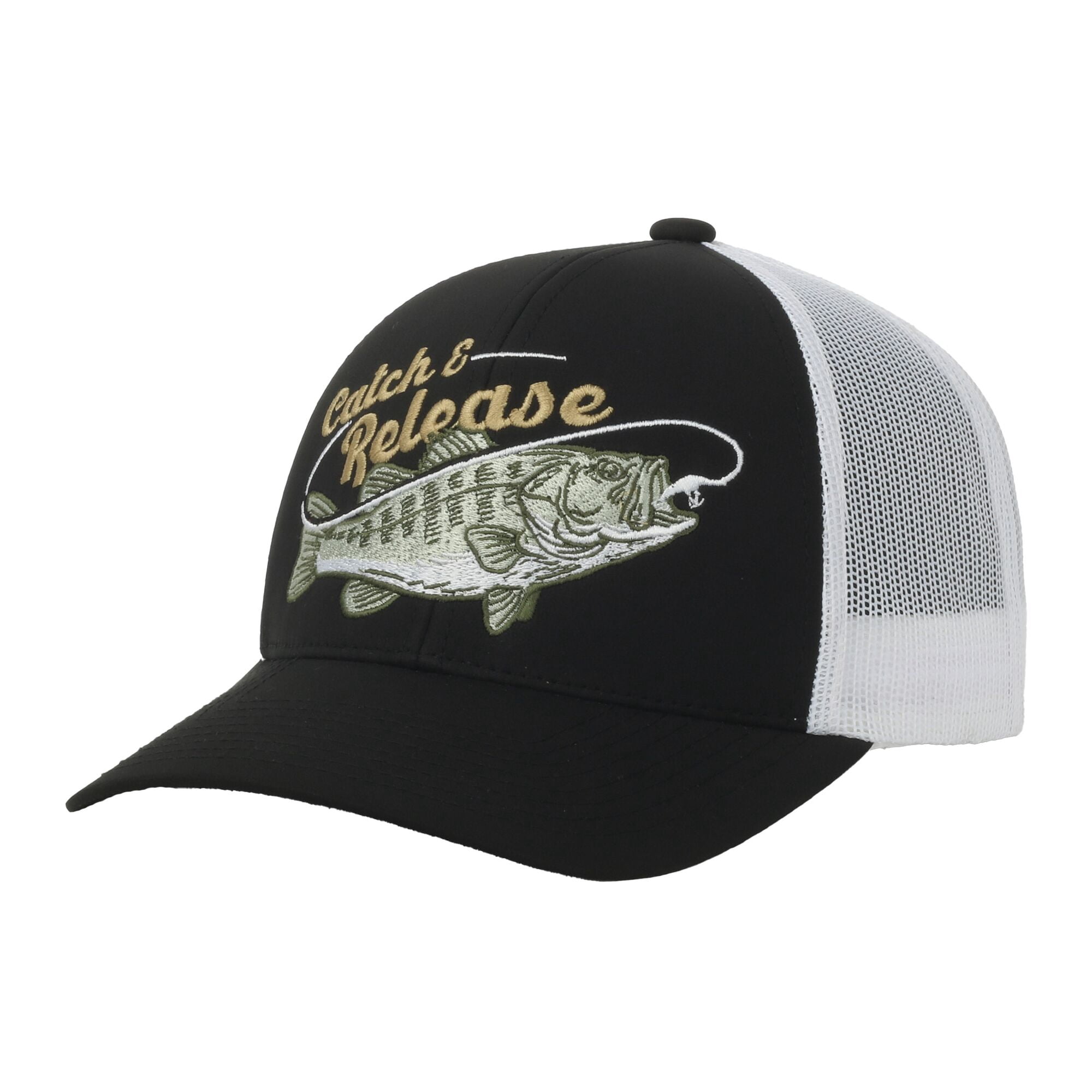 Black/White Bass 5-Panel Fishing Cap – Structured Mesh Back, Embroidered, One Size